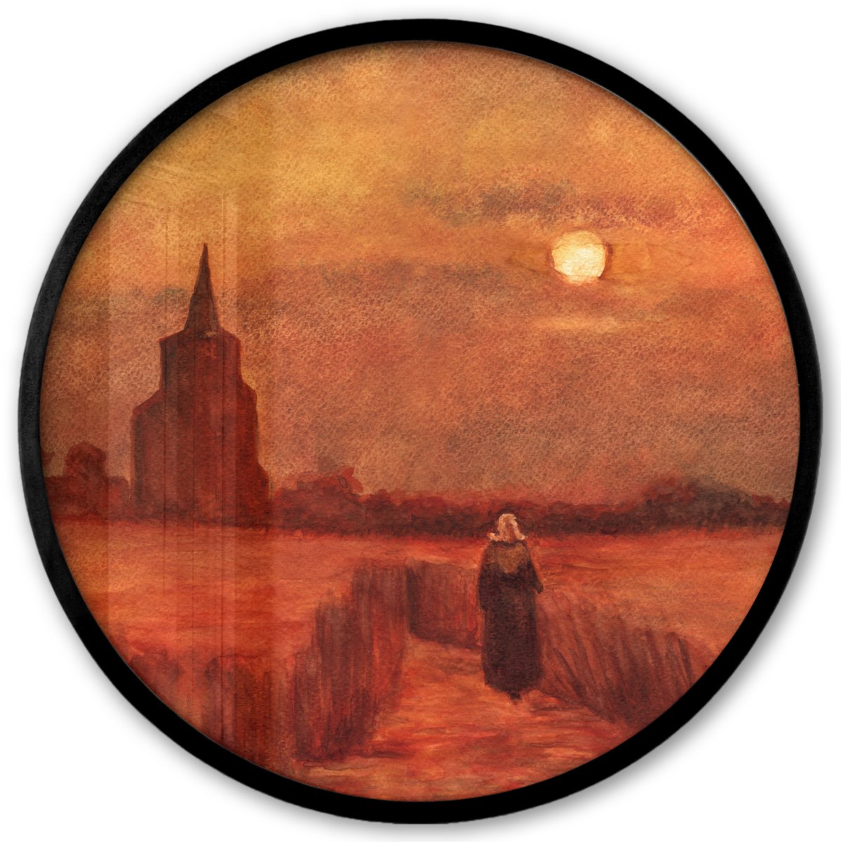 FrameYourWall Poster in lijst Rond - Fotolijst 40x40 cm - Posters - De oude toren op de gebieden - Vincent van Gogh - Ronde posterlijst zwart - Decoratie - Wanddecoratie woonkamer - Muurdecoratie slaapkamer Multicolor