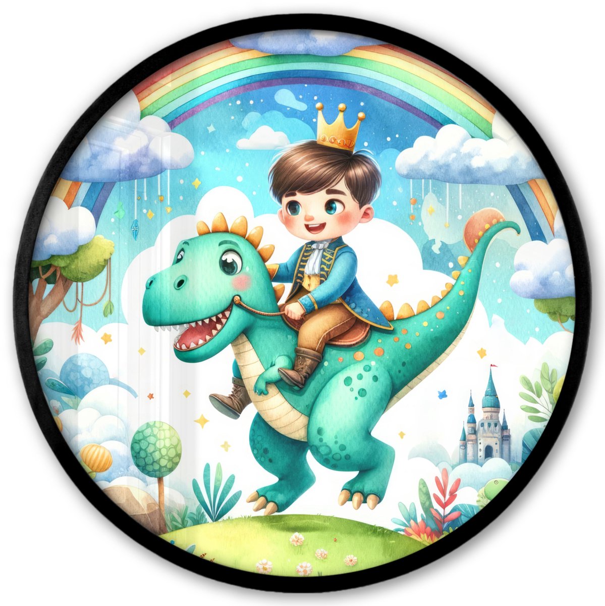 FrameYourWall Poster in lijst Rond - Fotolijst 40x40 cm - Posters - Dino - Prins - Regenboog - Sprookjes - Ronde posterlijst zwart - Decoratie - Wanddecoratie woonkamer - Muurdecoratie slaapkamer