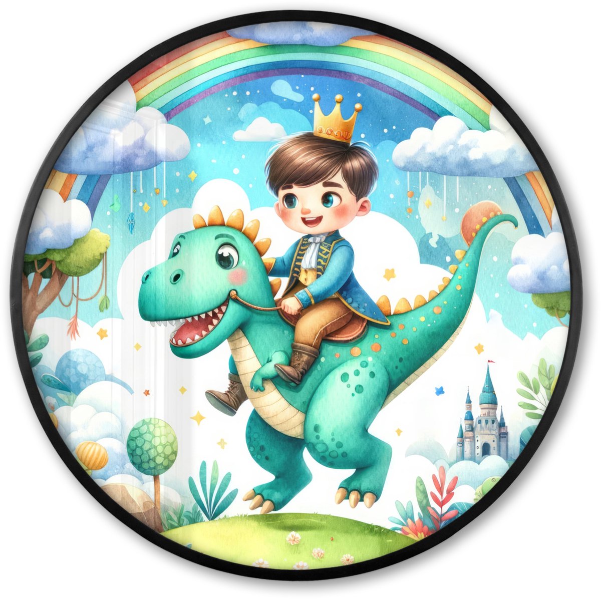 FrameYourWall Poster in lijst Rond - Fotolijst 60x60 cm - Posters - Dino - Prins - Regenboog - Sprookjes - Ronde posterlijst zwart - Decoratie - Wanddecoratie woonkamer - Muurdecoratie slaapkamer
