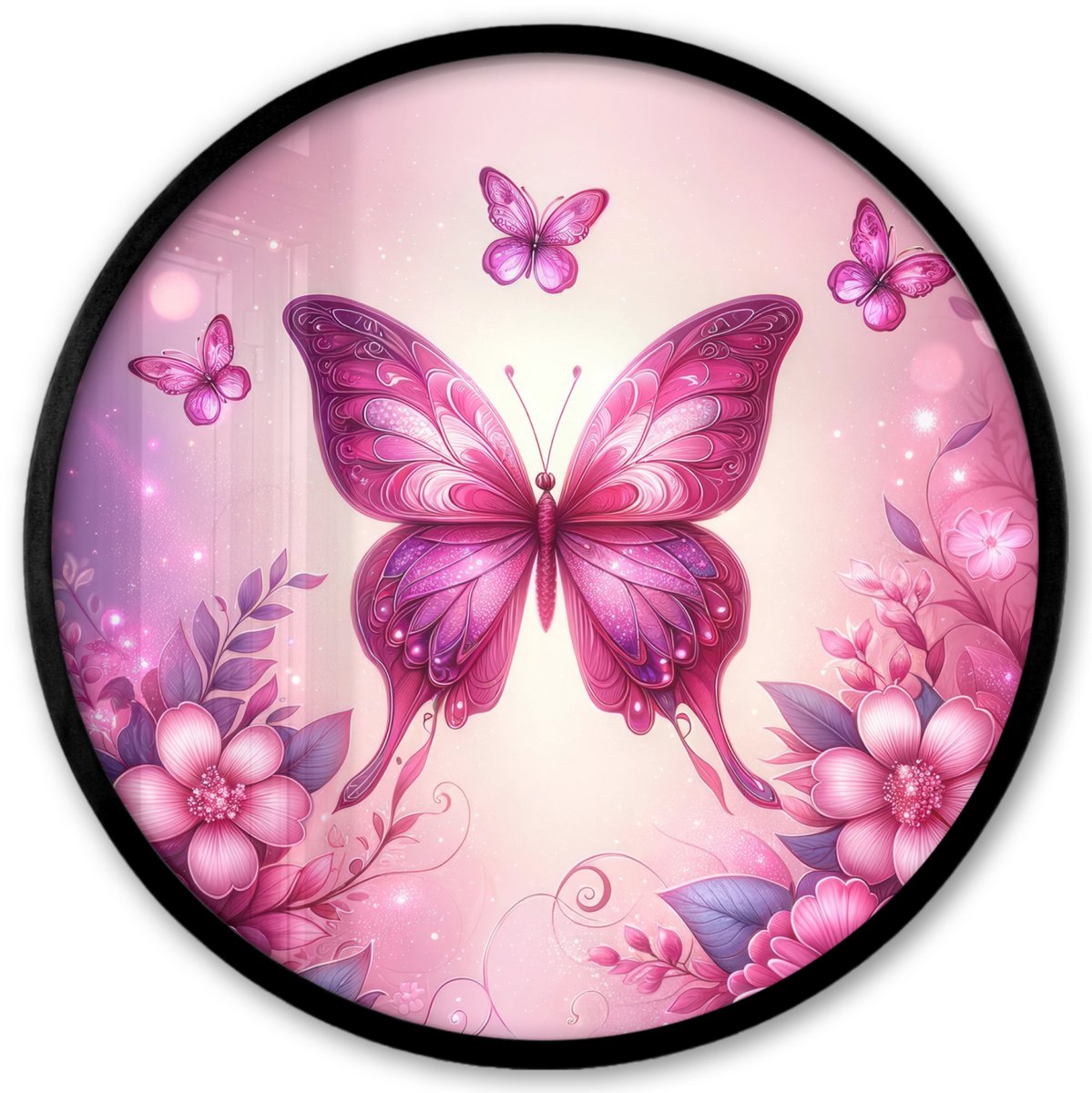 FrameYourWall Poster in lijst Rond - Fotolijst 40x40 cm - Posters - Vlinder - Roze - Bloemen - Ronde posterlijst zwart - Decoratie - Wanddecoratie woonkamer - Muurdecoratie slaapkamer