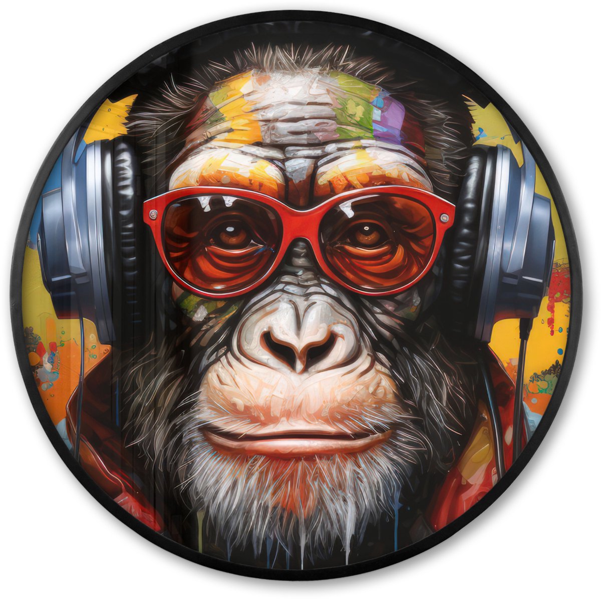 FrameYourWall Poster in lijst Rond - Fotolijst 60x60 cm - Posters - Chimpansee - Aap - dieren - Graffiti - Bril - Koptelefoon - Kleuren - Ronde posterlijst zwart - Decoratie - Wanddecoratie woonkamer - Muurdecoratie slaapkamer Aap - Kleuren