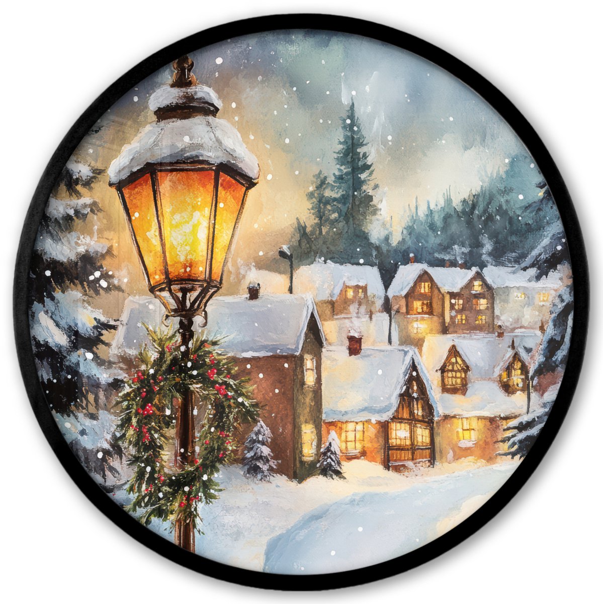 FrameYourWall Poster in lijst Rond - Fotolijst 40x40 cm - Posters - Kerstdorp - Huizen - Sneeuw - Kerst - Ronde posterlijst zwart - Decoratie - Wanddecoratie woonkamer - Kerstdecoratie voor binnen - Kerstversiering - Kerstmis versiering in huis - Kerstaccessoires