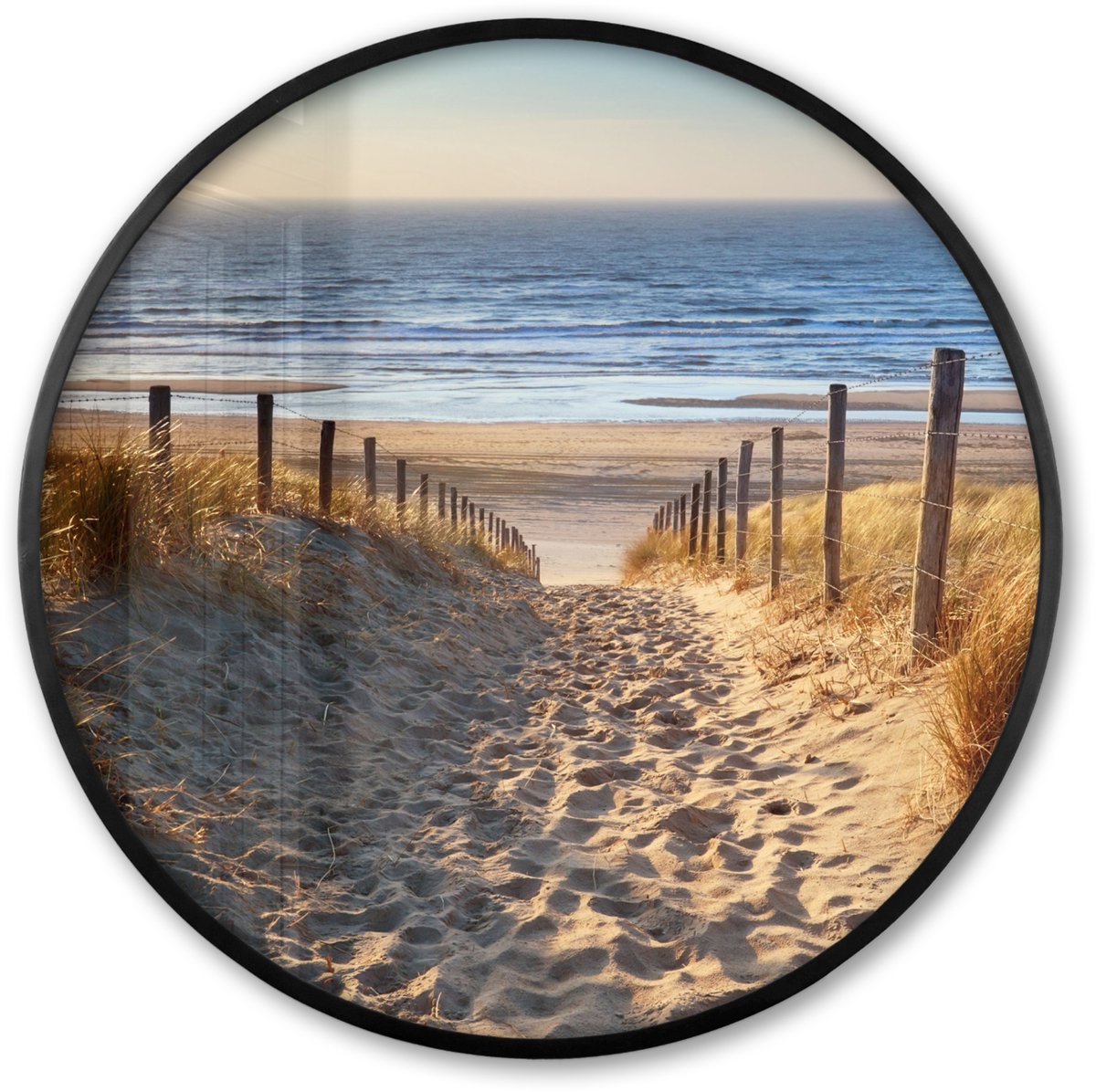 FrameYourWall Poster in lijst Rond - Fotolijst 60x60 cm - Posters - Strand - Zee - Nederland - Duinen - Zon - Ronde posterlijst zwart - Decoratie - Wanddecoratie woonkamer - Muurdecoratie slaapkamer Strand - Duinen - Pad