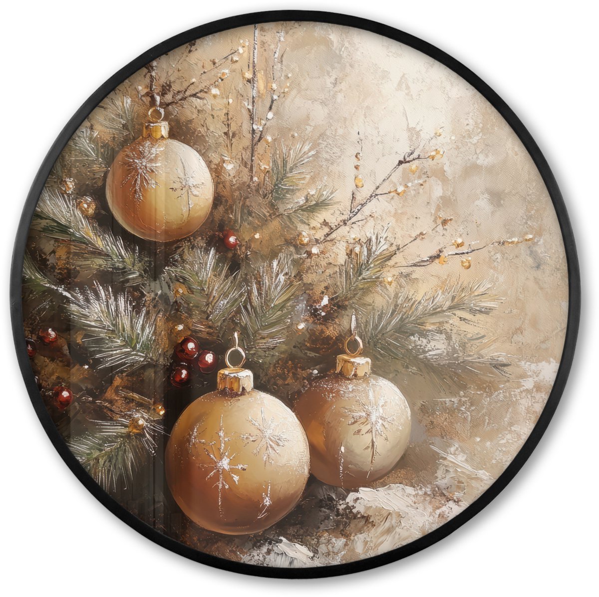 FrameYourWall Poster in lijst Rond - Fotolijst 80x80 cm - Posters - Kerst - Kerstballen - Beige - Goud - Ronde posterlijst zwart - Decoratie - Wanddecoratie woonkamer - Kerstdecoratie voor binnen - Kerstversiering - Kerstmis versiering in huis - Kerstaccessoires
