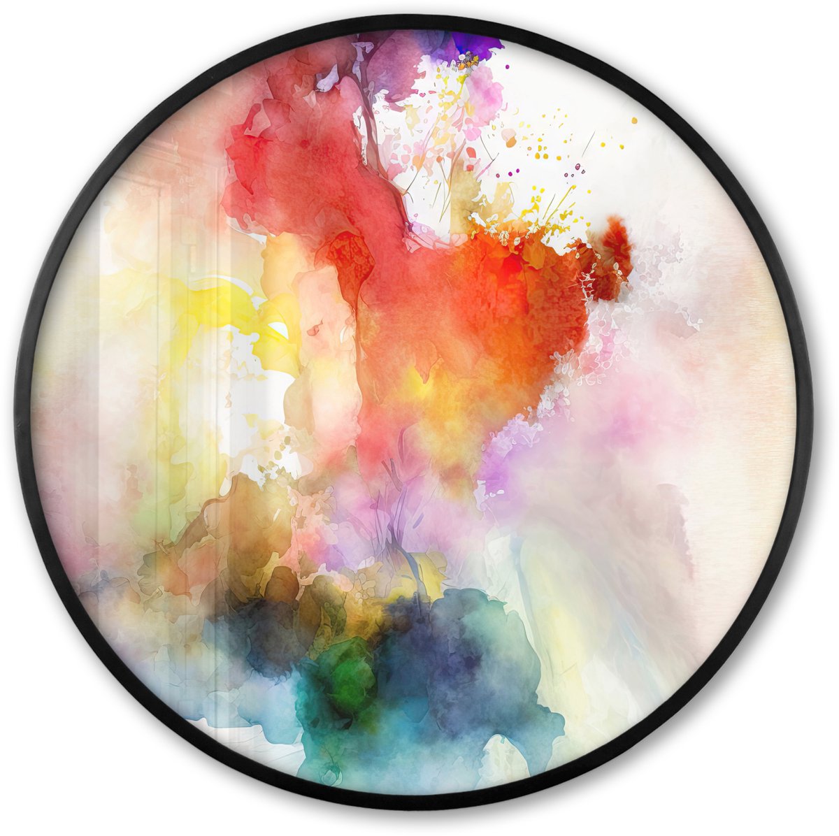 FrameYourWall Poster in lijst Rond - Fotolijst 80x80 cm - Posters - Waterverf - Regenboog - Abstract - Kunst - Kleuren - Ronde posterlijst zwart - Decoratie - Wanddecoratie woonkamer - Muurdecoratie slaapkamer
