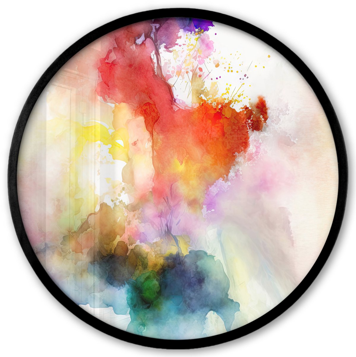 FrameYourWall Poster in lijst Rond - Fotolijst 40x40 cm - Posters - Waterverf - Regenboog - Abstract - Kunst - Kleuren - Ronde posterlijst zwart - Decoratie - Wanddecoratie woonkamer - Muurdecoratie slaapkamer