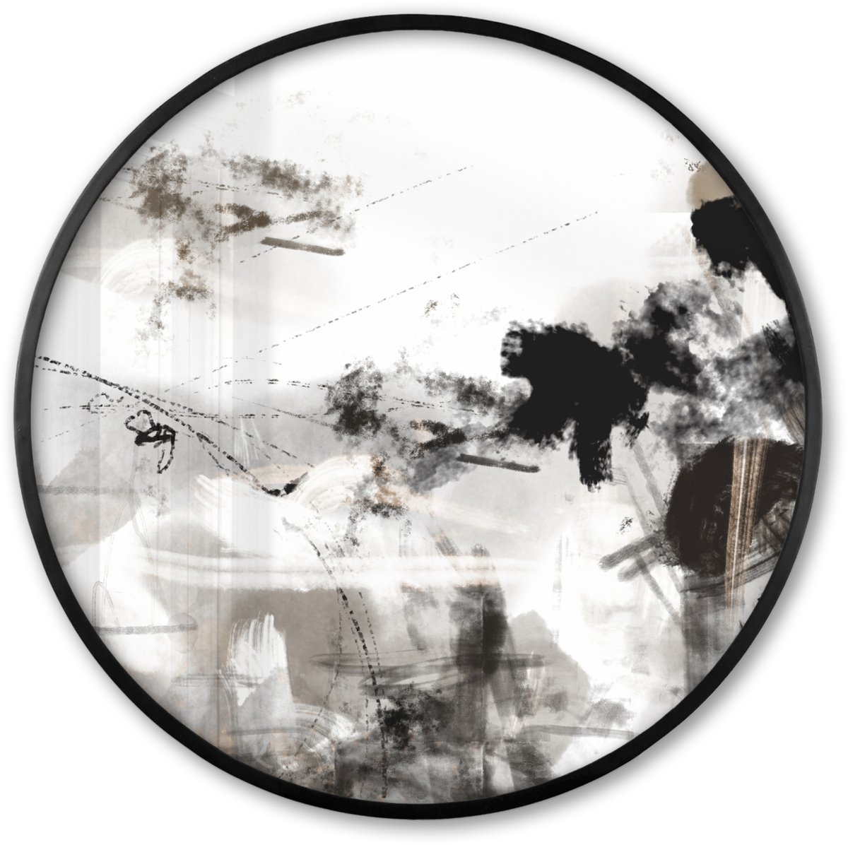 FrameYourWall Poster in lijst Rond - Fotolijst 80x80 cm - Posters - Schilderij - Verf - Zwart wit - Kunst - Ronde posterlijst zwart - Decoratie - Wanddecoratie woonkamer - Muurdecoratie slaapkamer