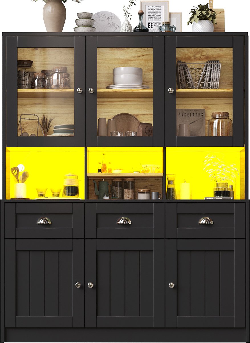 Keukenkast (140×40×175 cm), Hoge keukenkast, Vitrinekast, Buffetkast met Verstelbare Planken, Sideboard met LED-Verlichting, Variabele Lichtkleuren, Zwart