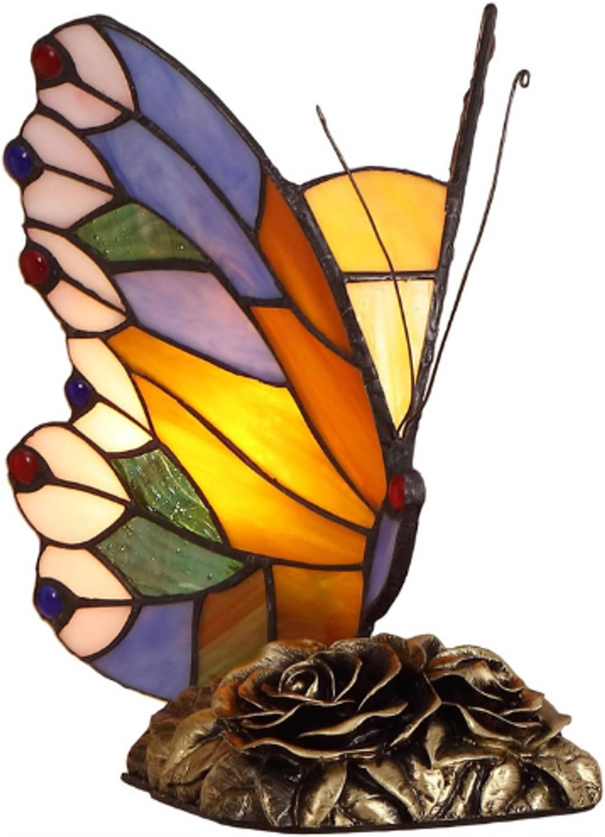 Vlinder Tiffany Stijl Accent Tafellamp - Gebrandschilderd Glas Nachtlampje Voor Slaapkamer Woonkamer - 20cm Breed X 23cm Hoog