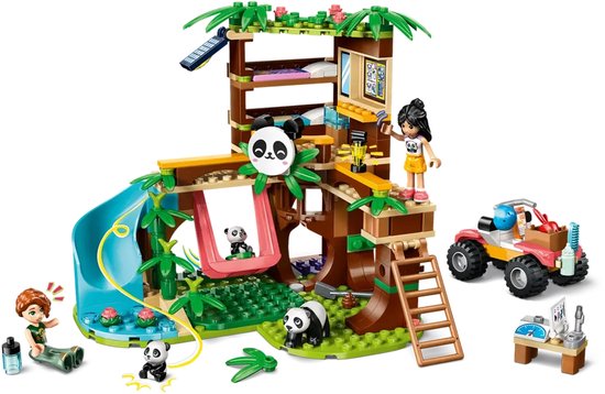 LEGO Friends De Pandaopvang speelset. Boomhut met glijbaan, quad, minipoppen en pandabeertjes.