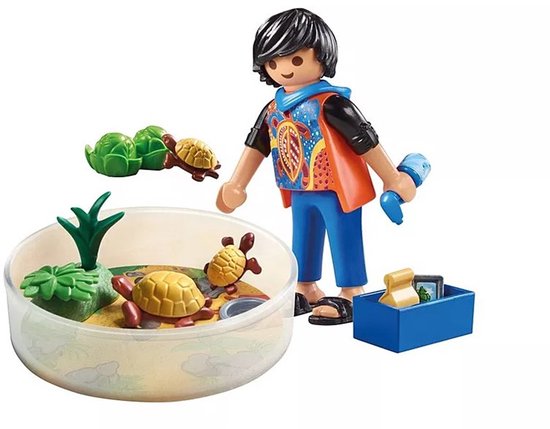 Playmobil jongen met schildpaddenterrarium, inclusief terrarium met schildpadden, planten en een blauwe opbergbox.