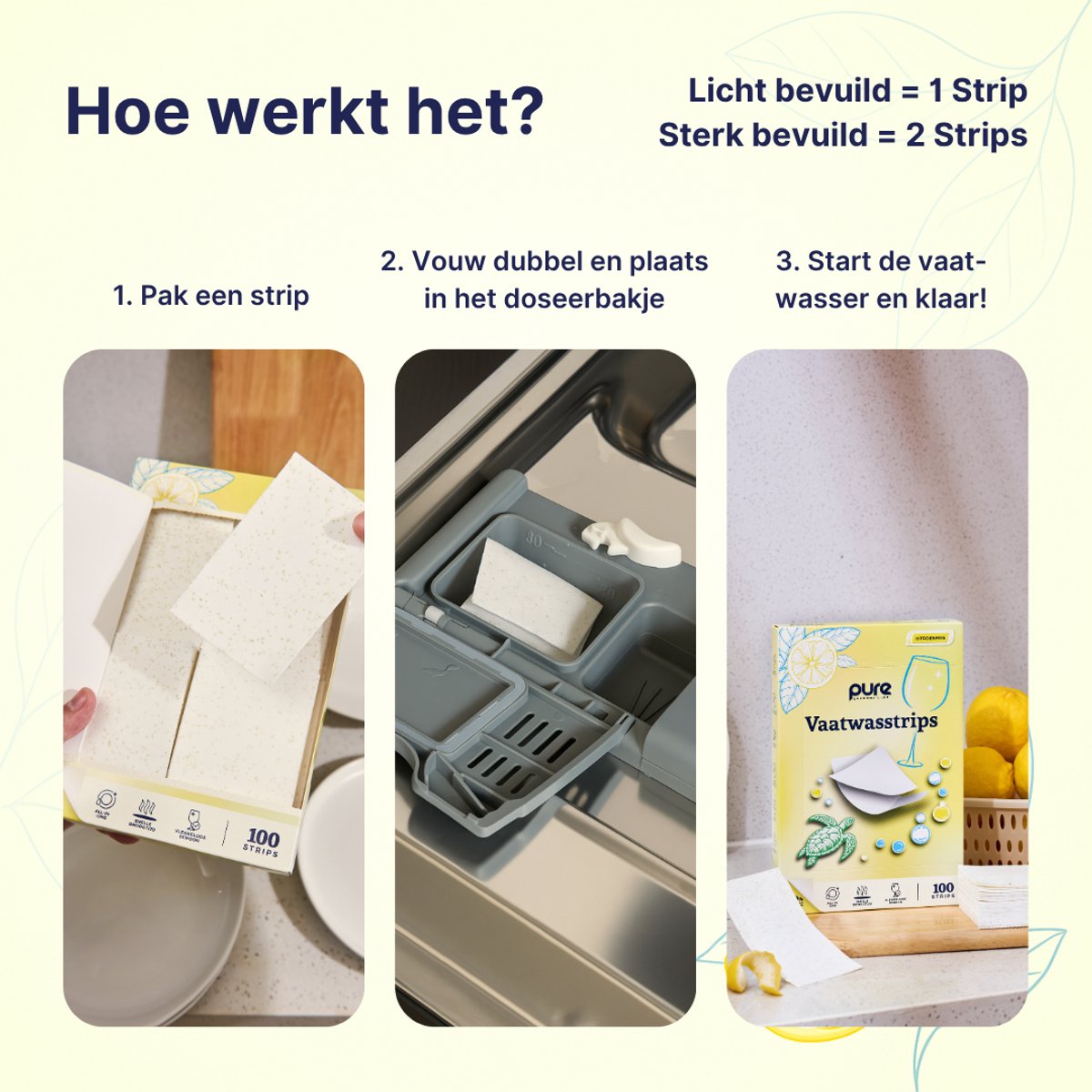 Pure Laundry Club Vaatwasstrips - 100 Strips - Citroenfris - Milieuvriendelijk & 100% Plasticvrij - Zonder Fosfaten, Chloor & Microplastics - Vaatwastabletten Alternatief - Wasstrips Vaatwasser — afbeelding 2