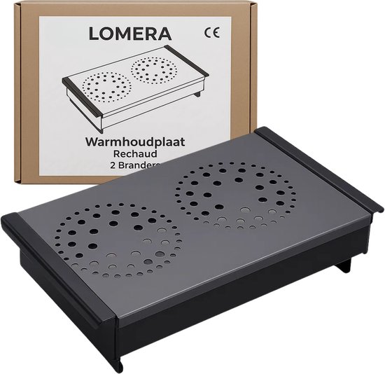 Lomera Warmhoudplaat - Rechaud - 2 Branders - Waxinelichtjes - Voedselverwarmer - Non-Stick Coating - Aluminium Rooster - Roestvrijstaal Basis - Zwart - Gelijkmatige Verwarming - Handvaten - Afneembaar Rooster - Kaarsjesdover — afbeelding 2
