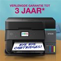 Zwarte Epson EcoTank printer met een papier waarop 'Bye Bye Cartridges!' staat en de tekst 'Verlengde garantie tot 3 jaar'.