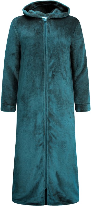 Tealgroene, lange badjas met capuchon en ritssluiting, staand model.