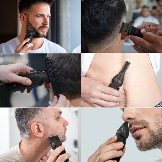 Collage van mannen die de Scttomon tondeuse gebruiken voor baard, haar, neus en lichaamstrimming.