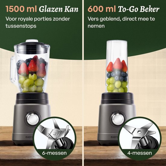 CHEFSHAUS Kitchen Blender - 1,5L Glas & 700ml To-Go beker - Grijs/Zwart - 1200W Smoothie maker - BPA-vrij van CHEFSHAUS — afbeelding 3