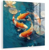 MuchoWow® Glasschilderij 90x90 cm - Schilderij acrylglas - Vissen - Waterlelies - Oranje - Water - Foto op glas - Muurdecoratie woonkamer - Wanddecoratie slaapkamer - Schilderijen