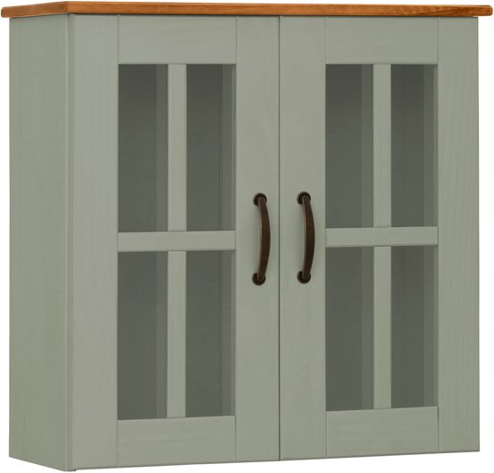 Wandkast met twee deuren, een houten blad en bronzen handgrepen.