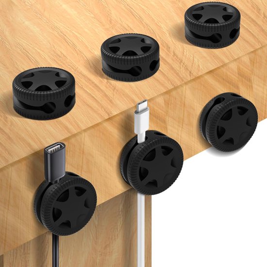 Lot de 6 serre-câbles noirs à double rainure, support de câbles autocollant pour câble de chargement USB et câble d'écouteurs.