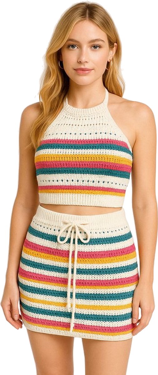 Zomer Set Gebreid Dames - Wit - Vakantie - Strand - Festival - Topje en Rok