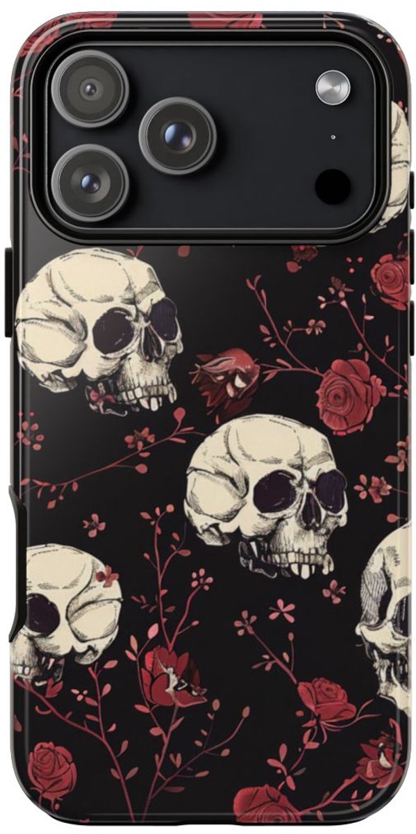 Schedels en Rode Rozenpatroon – Telefoonhoesje Geschikt voor iPhone 17 Pro Max