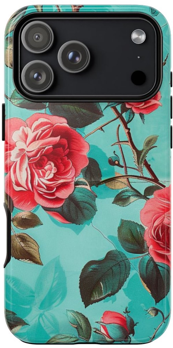 Rode Rozen op Turquoise Achtergrond – Telefoonhoesje Geschikt voor iPhone 17 Pro Max