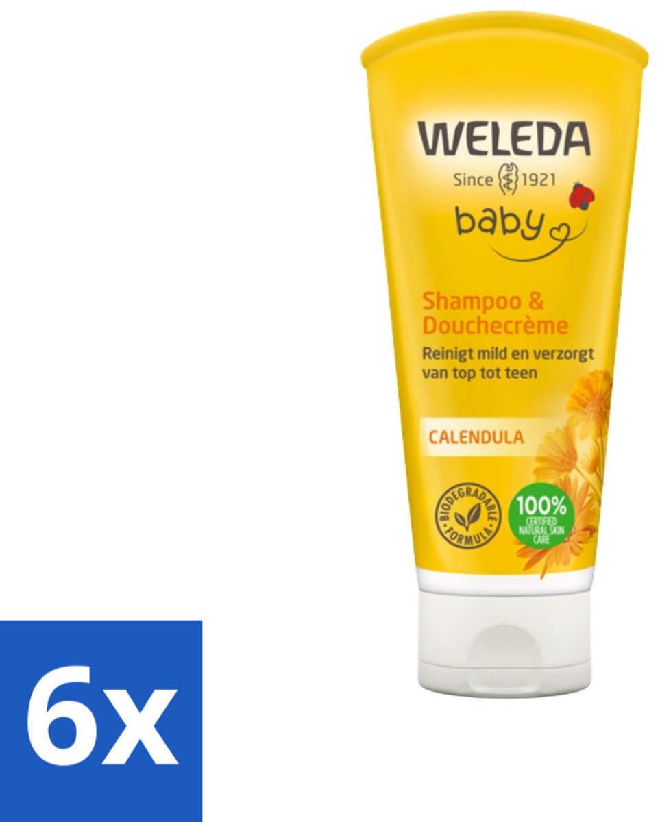 Image of 6 x WELEDA - 2-in-1 Shampoo & Douchecrème - Baby & Kind - Calendula - Voor gevoelige huid - 200 ml - Baby Shampoo - Baby Douchecrème - Biologische Babyproducten - Calendula Baby - Zachte Babyverzorging