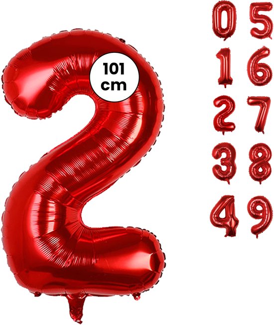 Fienosa Cijfer Ballonnen nummer 2 - Rood - 101 cm - XL Groot - Helium Ballon - Verjaardag Ballon - Leeftijd verjaardag - Verjaardagsballon - Verjaardag