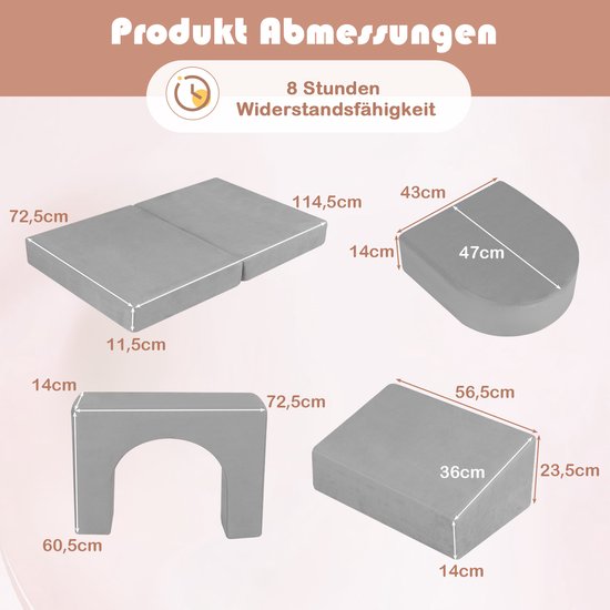 COSTWAY Kinderbank, 8-delig, speelbank van schuimrubber, bouwstenen met comfortabele suède, modulaire speelbank voor kinderen om te spelen, grijs van COSTWAY — afbeelding 2