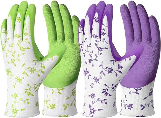 Paar groene en paar paarse tuinhandschoenen met witte bloemenprint, elk met groene manchet.