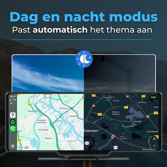 Dag en nacht modus: het scherm toont links een heldere hemel en rechts een donker nachtlandschap met verlichte wegen.