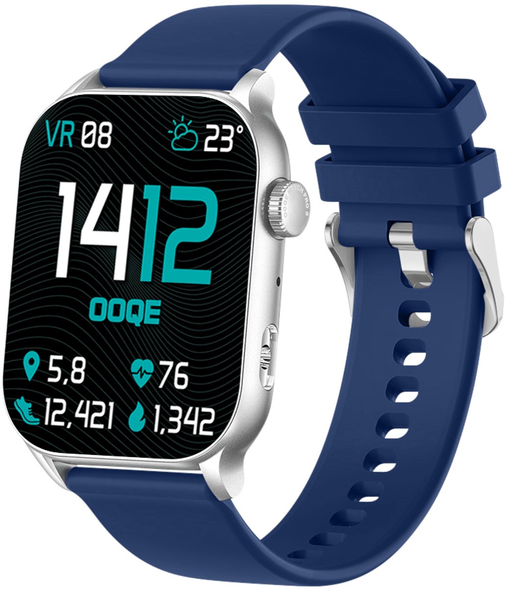 OOQE WATCH PRO 8 - Smartwatch Heren en Dames | Geschikt voor iOS en Android | AMOLED | Notificaties | Gezondheidsanalyse | Sportanalyse | GPS Koppeling | Bellen | Muziek/Audio Luisteren | Ergonomisch | Nederlandstalig | Blauw