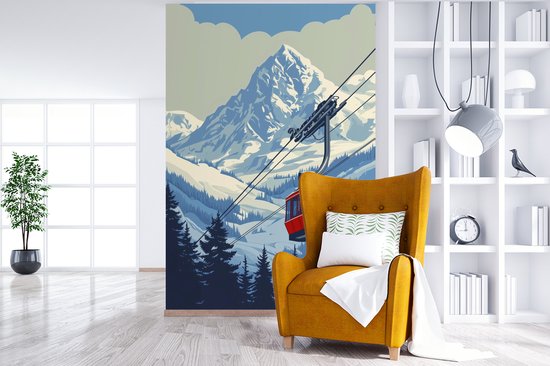 Behang - Fotobehang Kabelbaan - Sneeuw - Berglandschap - Breedte 200 cm x hoogte 300 cm