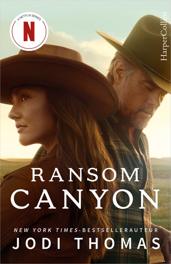 Een vrouw en een man met cowboyhoeden in profiel, met de titel "Ransom Canyon" en "A Netflix Series".