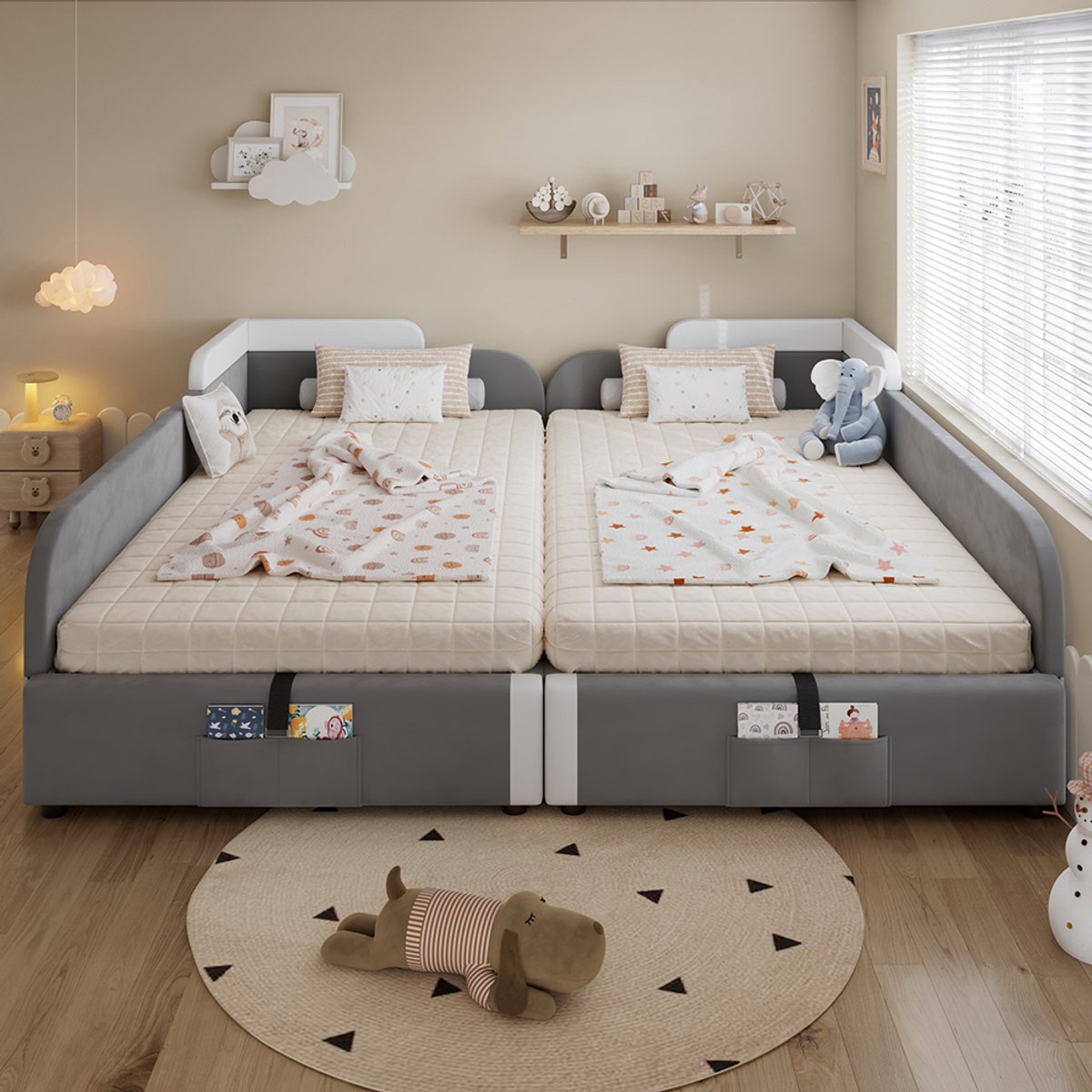 BLACKCOLORS Gestoffeerd bed, combibed voor kinderen, hydraulisch bed met opbergruimte, verhoogde zachte barrière, opbergtas aan het voeteneinde van het bed, fluweel + multiplex, grijs, 90 x 200 cm*2