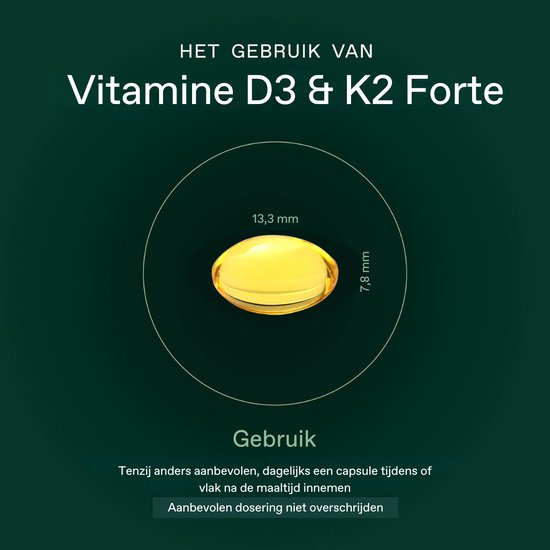 Capsule van 13,3 mm bij 7,8 mm in een cirkel, met de tekst 'Vitamine D3 & K2 Forte' en 'Gebruik'.