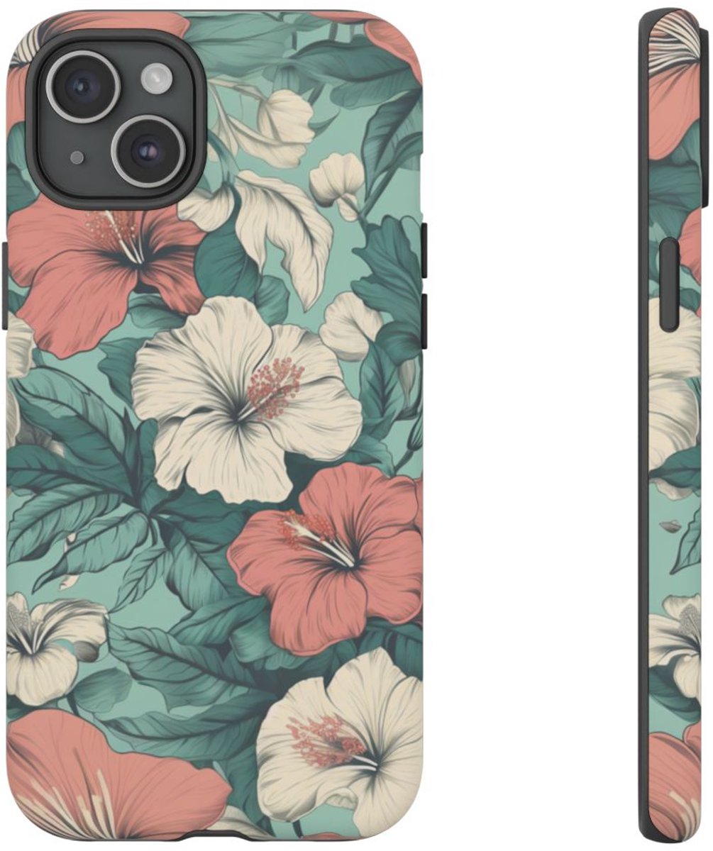 Pastel Hibiscus Bloemenpatroon – Telefoonhoesje Geschikt voor iPhone 15 Plus