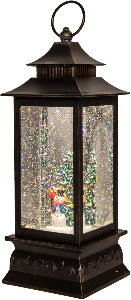 Anna's Collection Sneeuwbol/snowglobe glitter lantaarn - sneeuwpop - 10,5 x 10,5 x 29 cm - met LED verlichting - kerstlantaarn