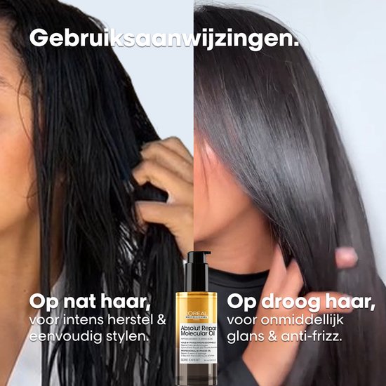 Vrouw die nat haar en droog haar aanbrengt met L'Oréal Absolut Repair Molecular Oil.