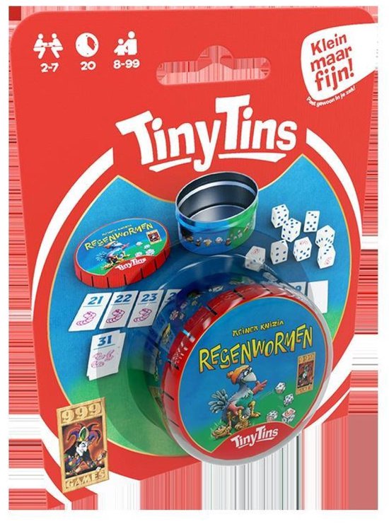 Verpakking van 'Tiny Tins Regenwormen' met een dobbelspel en dobbelstenen.