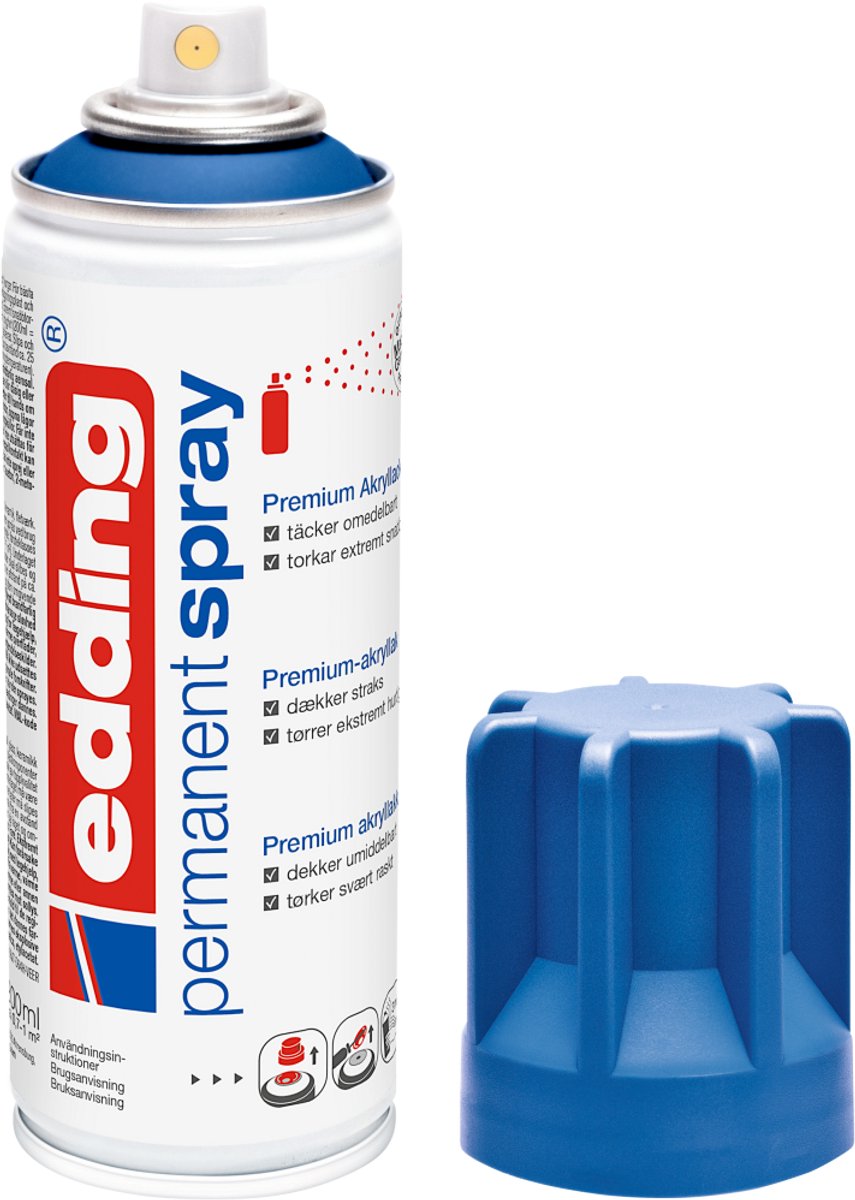 edding 5200 spuitverf in spuitbus - gentiaanblauw mat - 1 stuk - 200 ml verf - direct dekkend – 0,7-1 m2 oppervlak - acrylverf voor het lakken en versieren van glas, metaal, hout, keramiek, kunststof, canvas - permanent spray, verfspray