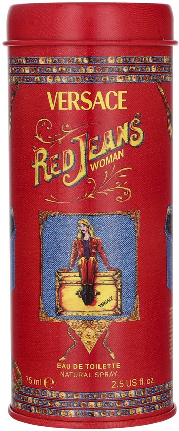 Rechthoekige rode metalen verpakking voor Versace Red Jeans Woman eau de toilette. Met afbeelding van een vrouw in spijkerjasje op een kist.