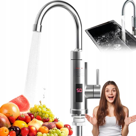 Elektrische waterkraan van roestvrij staal - Direct warm water - Verwarmt in 3 seconden - LED-temperatuurweergave - Instelbare warme en koude temperatuur - 360° rotatie - Meerdere veiligheidsvoorzieningen