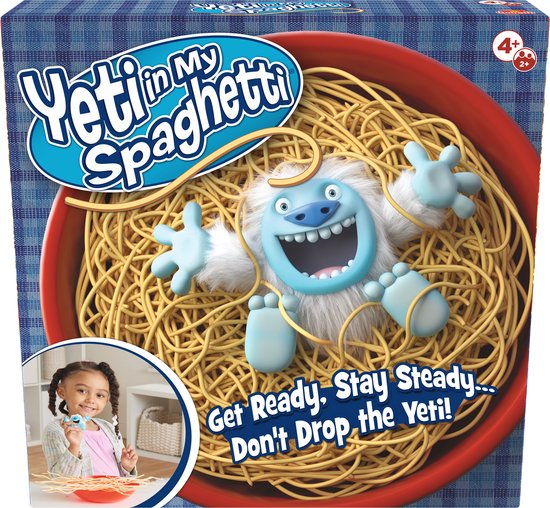 Speldoos Yeti in My Spaghetti met een blauw geblokt patroon en een Yeti die in spaghetti zit. Tekst: 'Get Ready, Stay Steady... Don't Drop the Yeti!'