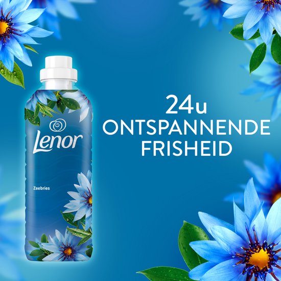 Bouteille Lenor avec nénuphars bleus et texte "24u ONTSPANNENDE FRISHEID".