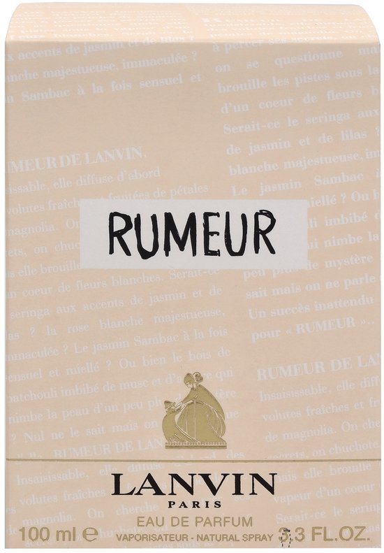 Crèmekleurige kartonnen verpakking met de tekst "RUMEUR" in een zwart kader, en "LANVIN PARIS 100 ml EAU DE PARFUM VAPORISATEUR - NATURAL SPRAY 3.3 FL.OZ."