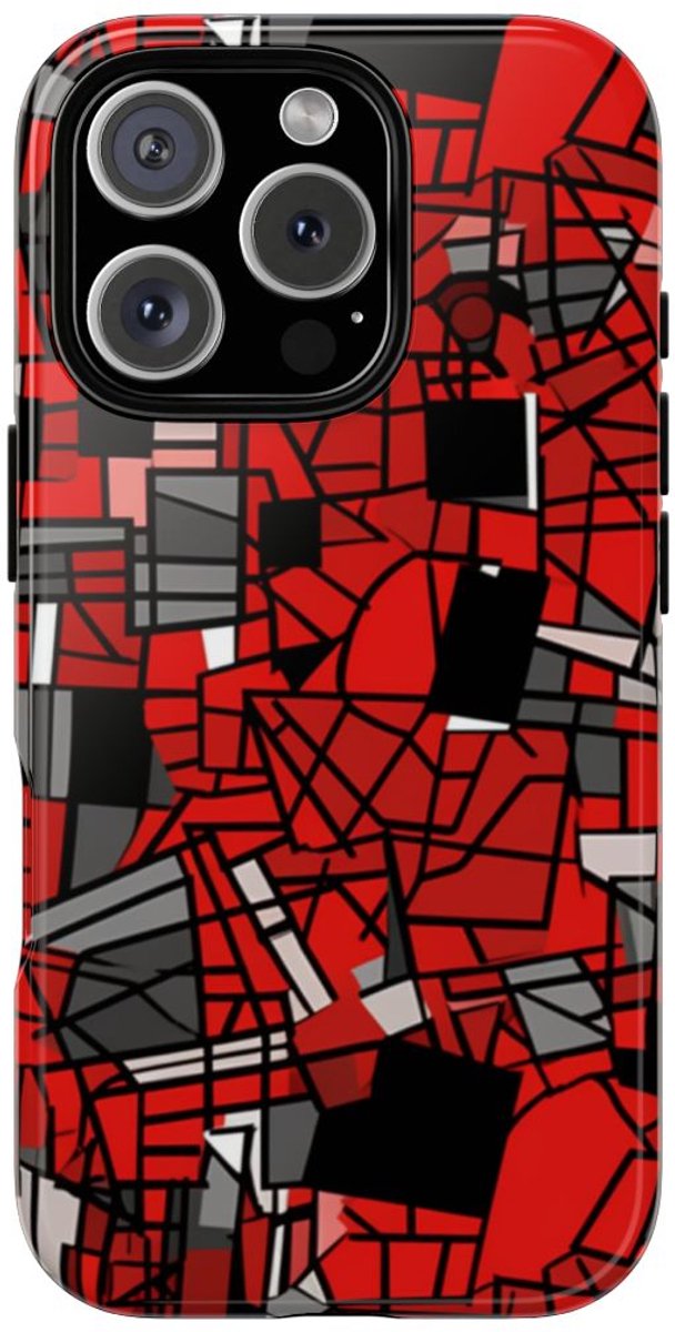 Abstract Rood-Zwart Geometrisch Patroon – Telefoonhoesje Geschikt voor iPhone 16 Pro