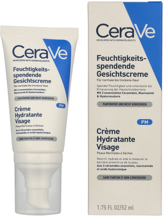CeraVe Feuchtigkeitsspendende Gesichtscreme tube en doosje. Voor normale tot droge huid. Met 3 essentiële ceramiden, niacinamide & hyaluronsäure. Parfumfrei und nicht komedogen. PM.