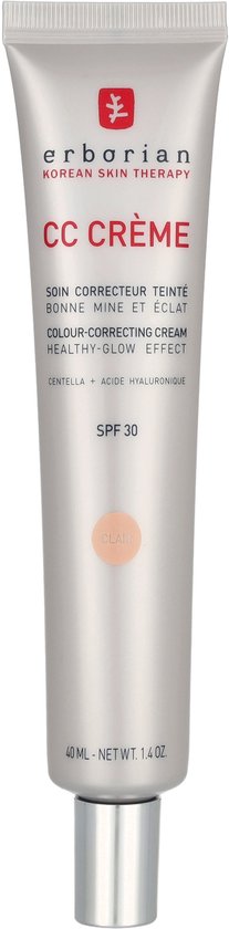 Zilverkleurige tube van Erborian CC crème 'Clair' SPF 30, met een subtiele perzikkleurige cirkel.